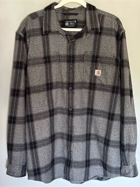 Carhartt Flannel Shirt Mens L Plaid Gray/Black Loose Fit Heavyweight Workwear